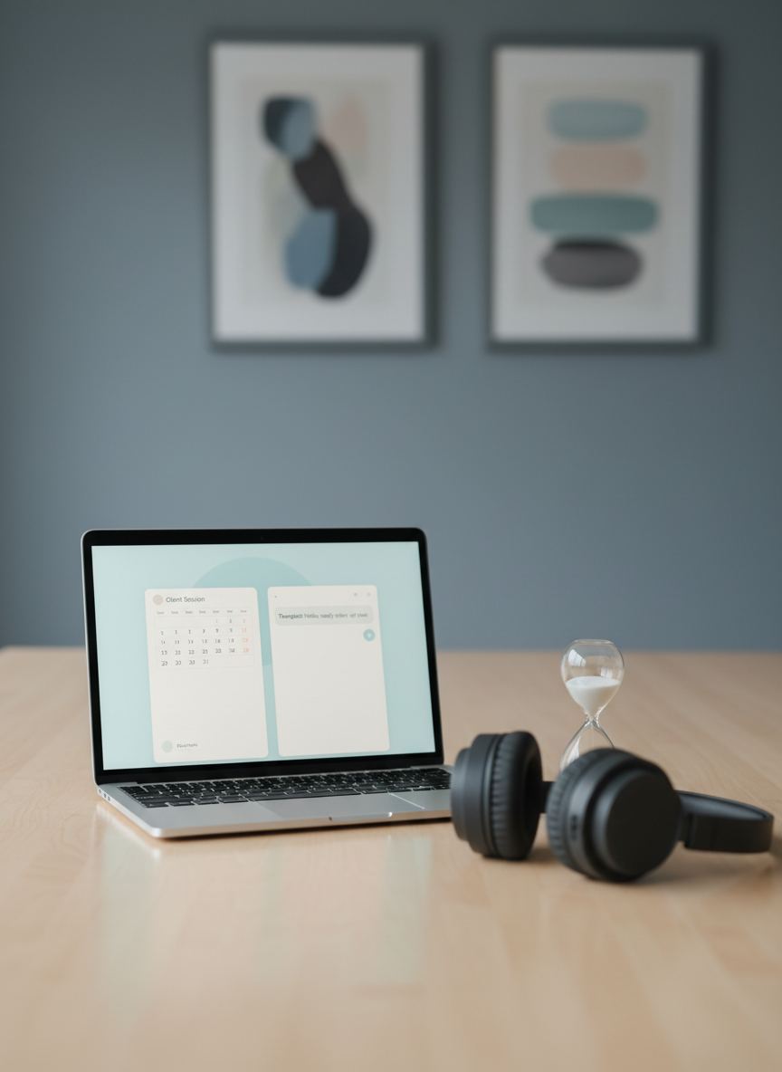 A close-up of a carefully arranged online therapy toolkit on a tidy desk: a slim laptop with a serene, pastel-colored interface open to a calendar and chat window, noise-cancelling headphones folded beside it, and a small sand hourglass with fine white sand mid-flow. The surface is a smooth, pale birch wood that reflects a soft sheen. Behind, an out-of-focus wall displays framed abstract art in muted blues and grays. Gentle overcast daylight comes from the left, creating even, shadowless illumination. Captured from a slightly elevated angle with balanced composition, the image conveys structure, reliability, and emotional safety, rendered in photographic realism with a minimalist, professional mood aligned to mental health support.