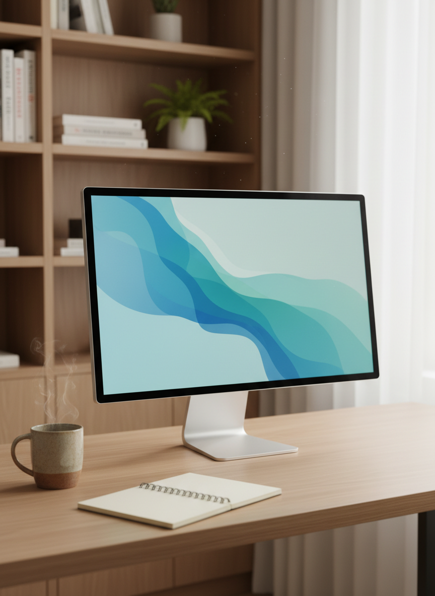 A sleek, modern home workspace designed for online therapy sessions, with a large, frameless monitor displaying a calming abstract interface of soft blues and greens, no human figures visible. The monitor rests on a light oak desk with a matte finish, next to a minimalist notebook and a ceramic mug of herbal tea. In the background, a blurred bookshelf holds neatly arranged psychology and wellness books alongside a small fern. Soft daylight filters through sheer white curtains, creating a gentle, diffused glow and subtle shadows. Photographed at eye level with a shallow depth of field, the scene feels professional, reassuring, and orderly, emphasizing clarity and calm through photographic realism and a clean, contemporary aesthetic.